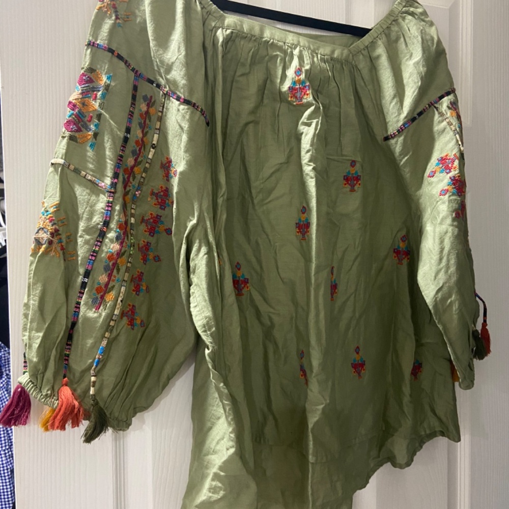 SUNDANCE Journey In Spirit Top Embroidered Square Neck Cotton Green boho - Picture 7 of 7